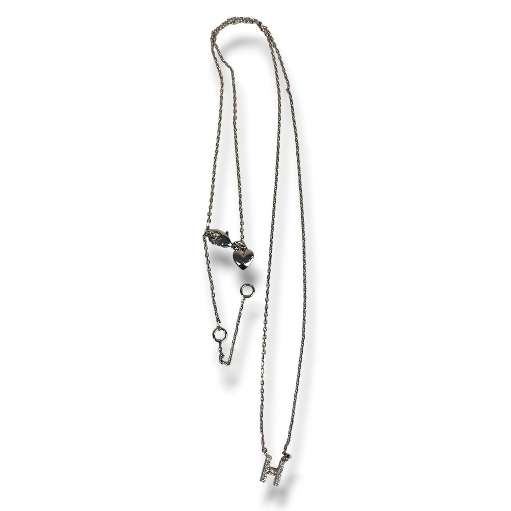Delicate Silvertone Chain Necklace Attached "H" Rhinestone Pendant 16-18"